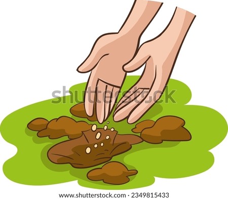 Human hand throwing plant seeds. The concept of gardening and sowing. Vector isolated cartoon illustration. Royalty-Free Stock Photo #2349815433