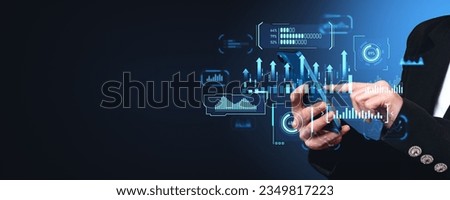 Businesswoman finger touching smartphone screen, double exposure business data dashboard with growing arrows and numbers. Concept of finance, digital research and profit. Copy space