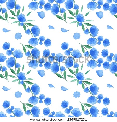 Seamless decorative pattern with watercolor blue flowers