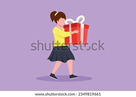 Character flat drawing beautiful little girl walking and hugging big ribbon bow wrapped gift box. Kid carries holiday gift with huge red box with bow in her hands. Cartoon design vector illustration