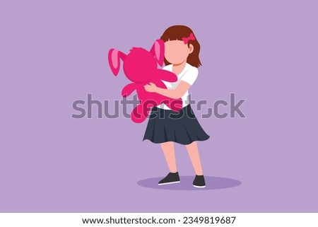 Cartoon flat style drawing portrait of beautiful little girl hugging teddy bear at home. Childhood scene of kids with her toy. Little girl playing with teddy bear. Graphic design vector illustration