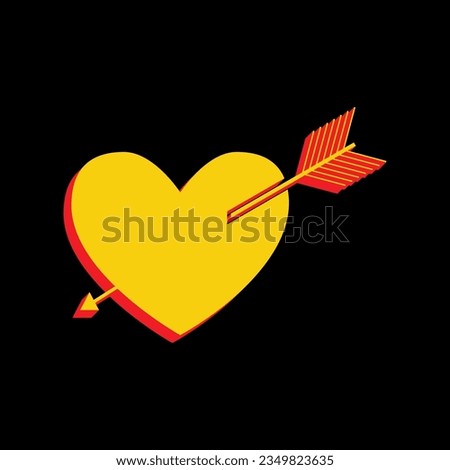 Arrow heart sign. 3D Extruded Yellow Icon with Red Sides a Black background. Illustration.
