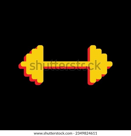 Dumbbell weights sign. 3D Extruded Yellow Icon with Red Sides a Black background. Illustration.