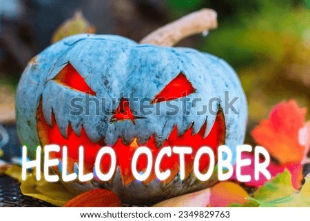 Halloween Pumpkins Glowing In Fantasy Night Forest . Holiday Horror Background. Nature background with lettering Hello october.