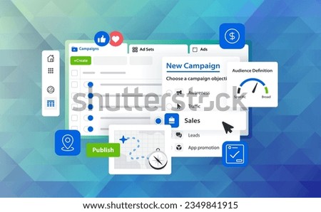 Ads Manager vector illustration concept. Marketing platform interface. Advertising cabinet of social media. Pay per click Royalty-Free Stock Photo #2349841915