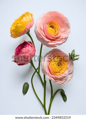 Ranunculus flowers. Pink and yellow flowers on a white background Blossoming Beauty: Colorful Bouquet of Fresh Spring florals in a Studio Setting.  Royalty-Free Stock Photo #2349852519