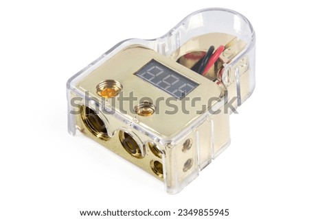 Modern car battery terminal many contacts with voltmeter