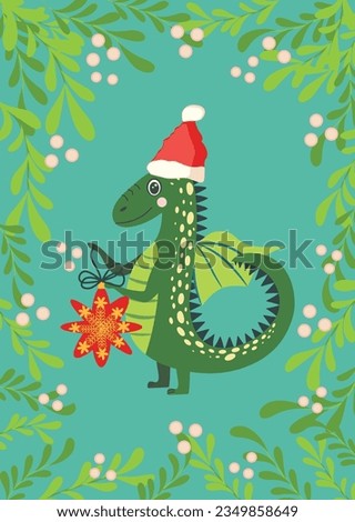 Christmas card with cute green dragon. Year of the Dragon 2024, China.