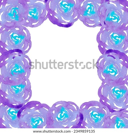 Purple abstract roses frame border. Hand drawn watercolor isolated on white background. Can be used for cards, invitation, banner and other printed products