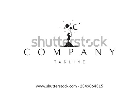 Vector logo on which an abstract image of a girl holding planets in her hand like balloons.