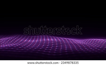 Futuristic digital wave. Dark glitch cyberspace. Abstract wave with dots and line. Pink moving particles on a black background. 3d rendering.