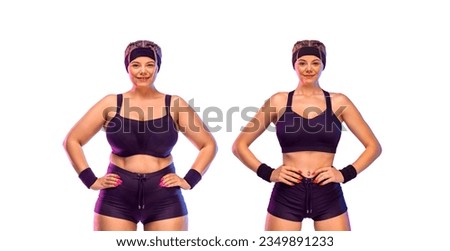 Before and After Weight Loss Fitness Transformation. Woman was fat but became athlete. Fat to fit concept. Body positive and fitness idea for social media post. Isolated on white background.