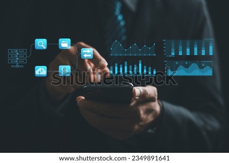 Effortless File Organization, Man effortlessly managing digital files, eliminating clutter optimizing efficiency with help of mobile document management system (DMS). Business technology at its best. Royalty-Free Stock Photo #2349891641