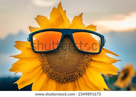 Beautiful sunflower at sunset with sunglasses, natural background. Orange sunglasses. Soft selective focus. Artificially created grain for the picture. Atmospheric distortion, hot air distortion, heat