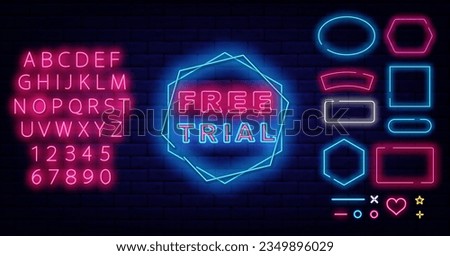 Free trial neon label. Geometric frames collection. Shiny pink alphabet. Promotion sign. Subscribe gift. Glowing banner on brick wall. Editing text. Vector stock illustration
