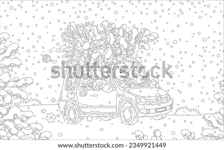 Greeting card with a funny snowman driving a small car with a snowy Christmas tree, holiday gifts, toys and sweets, black and white outline vector cartoon illustration