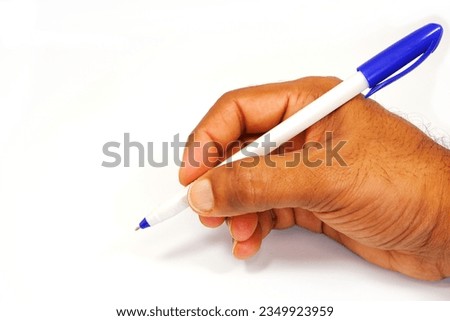 a hand holding a pen with plain background close up shot, pen hold by hand white background closeup 