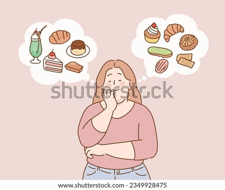 obese woman thinking over dessert. Sweet temptation. Hand drawn style vector design illustrations. Royalty-Free Stock Photo #2349928475