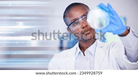 Science, black woman in lab and study of nature mockup, future technology and research in biotech. African scientist, vision and laboratory innovation in pharmaceutical study, development and growth. Royalty-Free Stock Photo #2349928759