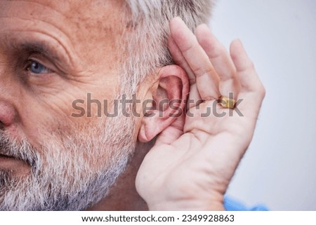 Senior man, listening and hand on ear or curious guy with gesture to hear gossip, conversation or announcement. Hearing, loss and old person with a disability or deaf male with hands to listen Royalty-Free Stock Photo #2349928863