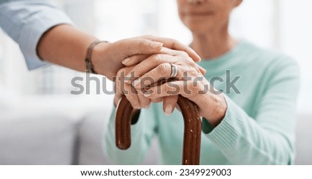Senior woman, walking cane and holding hands of nurse with healthcare support for retirement. Caregiver, elderly female person and empathy with care and nursing of patient with help in a home Royalty-Free Stock Photo #2349929003