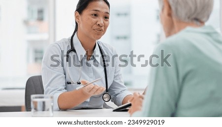 Medical consultation, tablet and senior woman, doctor and talk to patient, explain hospital services or healthcare insurance. Chat, results or cardiology worker consulting, advice or help old person