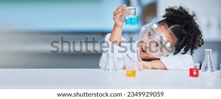 Chemistry, science and a child with liquid for research, futuristic innovation or project for education. Surprise, physics and a girl or young scientist with a test to study water for learning Royalty-Free Stock Photo #2349929059