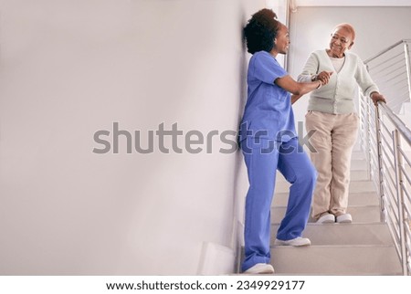 Nurse, stairs and help senior woman, holding hands and assistance in home. Caregiver, steps and elderly African patient walking down, support of person with a disability and happiness in healthcare Royalty-Free Stock Photo #2349929177