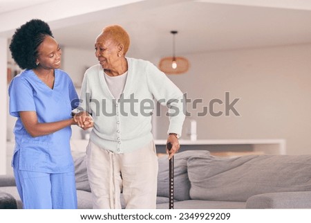 Nurse, holding hands and senior black woman with walking stick, help or smile in home. Caregiver, support and elderly patient with a disability, cane and kindness in assistance, empathy or healthcare Royalty-Free Stock Photo #2349929209