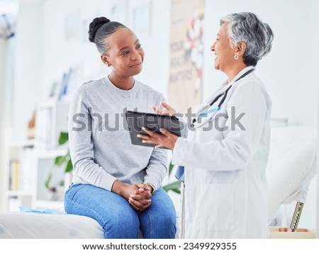 Doctor, women and tablet for happy healthcare, hospital news and support with test results or exam on bed. Senior nurse and patient with digital registration, clinic sign up and medical consultation