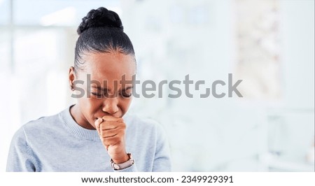 Sick, cough and black woman with sore throat at home for influenza, cold or allergies on wall background. Coughing, tuberculosis and African lady with chest, infection or breathing, lung or problem Royalty-Free Stock Photo #2349929391