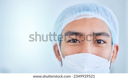 Face mask, surgeon and man in hospital in studio isolated on a white background mockup space. Portrait, doctor and medical professional nurse, healthcare worker and confident surgery employee in ppe.