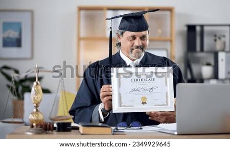 Laptop, video call and certificate with a man judge in his office, proud of an award as a law degree graduate. Computer, virtual and success with a mature legal student showing his prize to a webcam Royalty-Free Stock Photo #2349929645