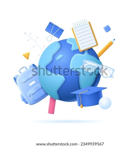 Back to school vector illustration. 3D cartoon illustration with Earth globe, backpack and school supplies. World schoolchildren supplies. Creative idea for website, poster, banner