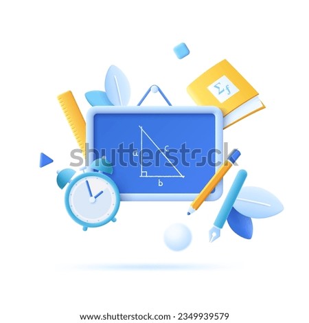 Back to school vector concept with colorful school supplies, education elements and chalkboard. Vector joyful banner Modern colorful vector illustration in 3d style for banner, poster.
 Royalty-Free Stock Photo #2349939579