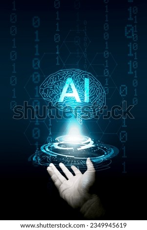 brain circuit on open hand.Artificial Intelligence or AI brain analysis information.Technology and science concept,machine learning system.Hi-tech and futuristic world.Digital concept background. Royalty-Free Stock Photo #2349945619