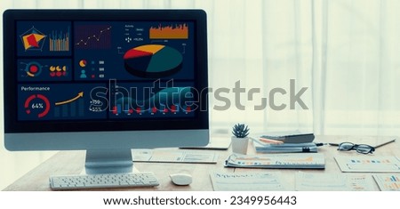 Business intelligence, BI power software visualize company data dashboard display on laptop screen for analysis chart and insight. Technology for business strategy. Panorama shot. Scrutinize
