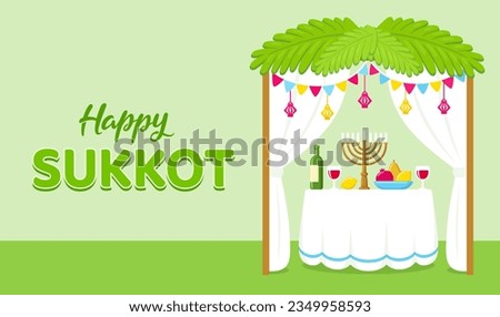 Happy Sukkot, Jewish holiday celebration. Traditional Sukkah hut with decorations and table with food. Cute cartoon design, vector illustration.