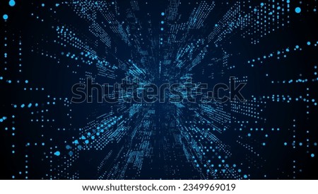 Vector cyber futuristic speed tunnel. Sci-fi blue wormhole. Matrix technology decoder. Abstract 3D wireframe portal with connections lines and dots. Data flow. Technology funnel with dots. Royalty-Free Stock Photo #2349969019