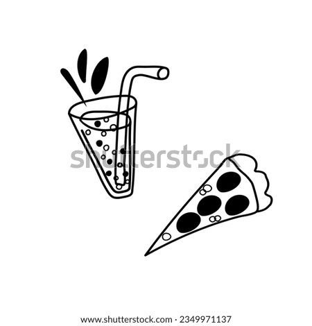 vector illustration doodle black contour lemonade with a straw and a piece of pizza. Fast food icons. Design for web design, packaging, postcards, flyers, labels