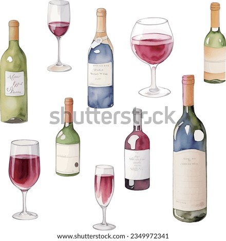 Set of wine bottles and glasses. Watercolor illustration isolated on white background