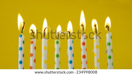 Burning candles on yellow background 