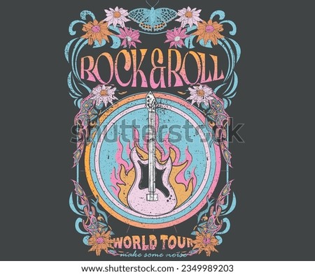 Guitar and flower. Music tour poster artwork. Guitar t-shirt design. Rock and roll vector graphic print design for apparel, stickers, posters, background and others. Butterfly music poster.