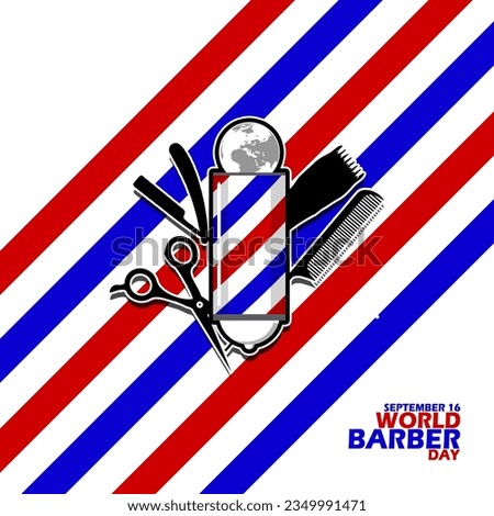Barber shop symbol light with blue and red lines, with shaving equipment and bold text on white background to commemorate World Barber Day on September 16
