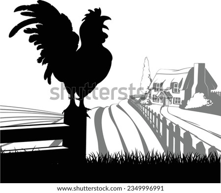 An illustration of a farm house thatched cottage in an idyllic landscape of rolling hills with a cockerel crowing in silhouette standing in the foreground Royalty-Free Stock Photo #2349996991