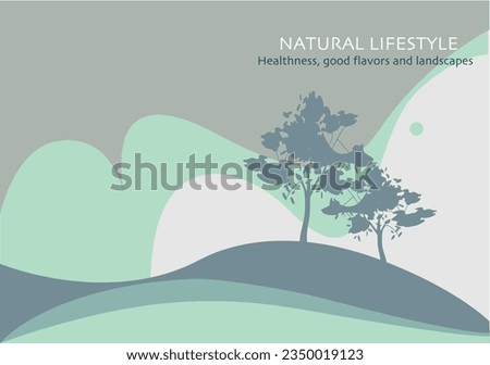 Lettering NATURAL LIFESTYLE, two trees in a fresh green landscape. Cover