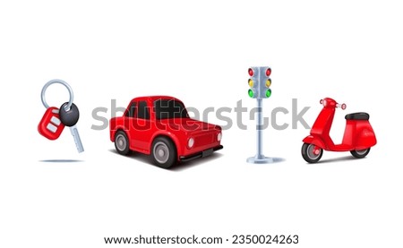3D car. Red bike and automobile. Traffic lights. Auto key. Realistic vehicles and driving elements. Transportation by road. City scooter or transport render signs. Vector cartoon icons set