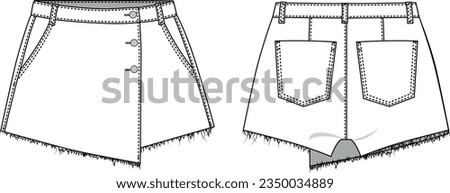 Jeans asymmetrical mini shorts skirt fashion flat sketch template, denim fashion vector illustrations Royalty-Free Stock Photo #2350034889