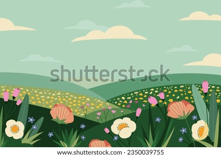 Hand Drawn Flower Field Background Isolated On White Background. Vector Illustration In Flat Style. Royalty-Free Stock Photo #2350039755