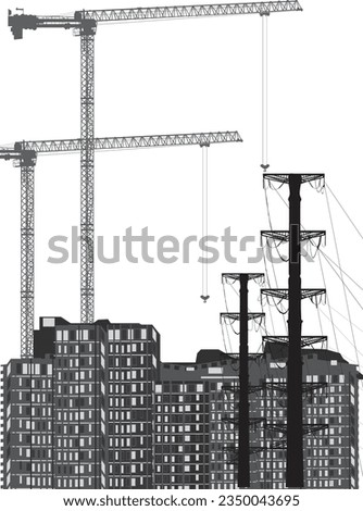 illustration with house building and cranes isolated on white background